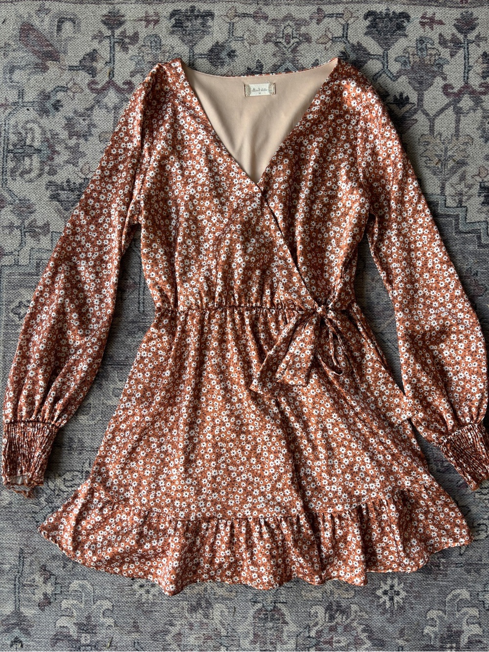 Altar’d State Floral Wrap Dress in Rust with White Daisies